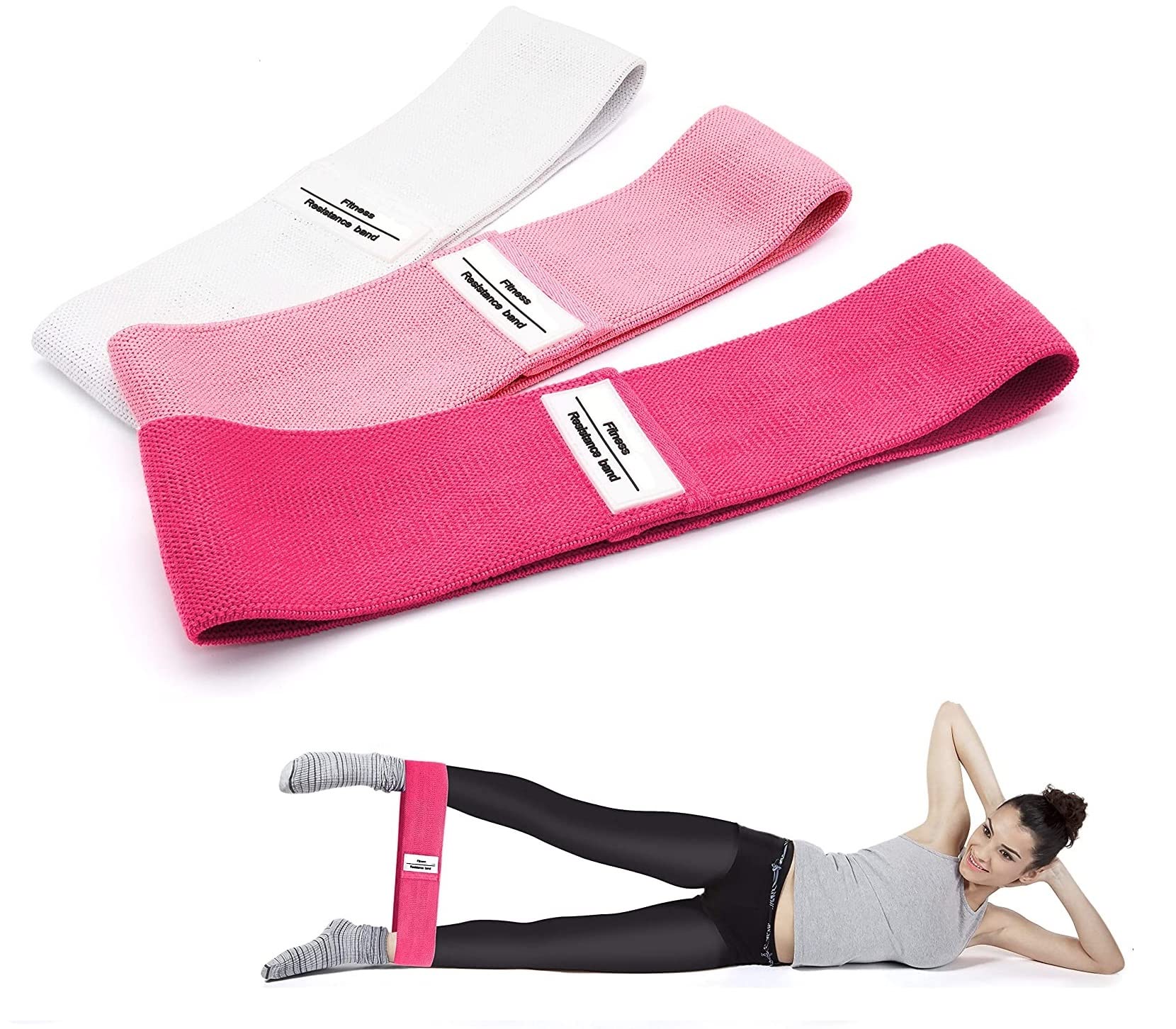 UNISEX Fabric Resistance Bands - 3 Set Non Slip Workout Exercise Bands - Ideal for Butt Booty Glutes Legs Hips Groin Squats Strength Training Rehab (Pink)