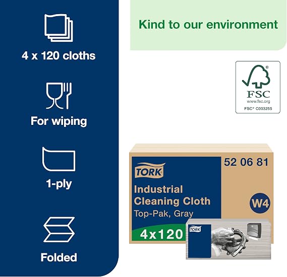 Tork Industrial Cleaning Cloth Gray W4, Flexible and Soft, 4 x 120 Cloths, 520681