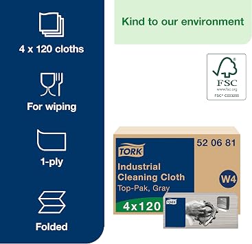 Tork Industrial Cleaning Cloth Gray W4, Flexible and Soft, 4 x 120 Cloths, 520681