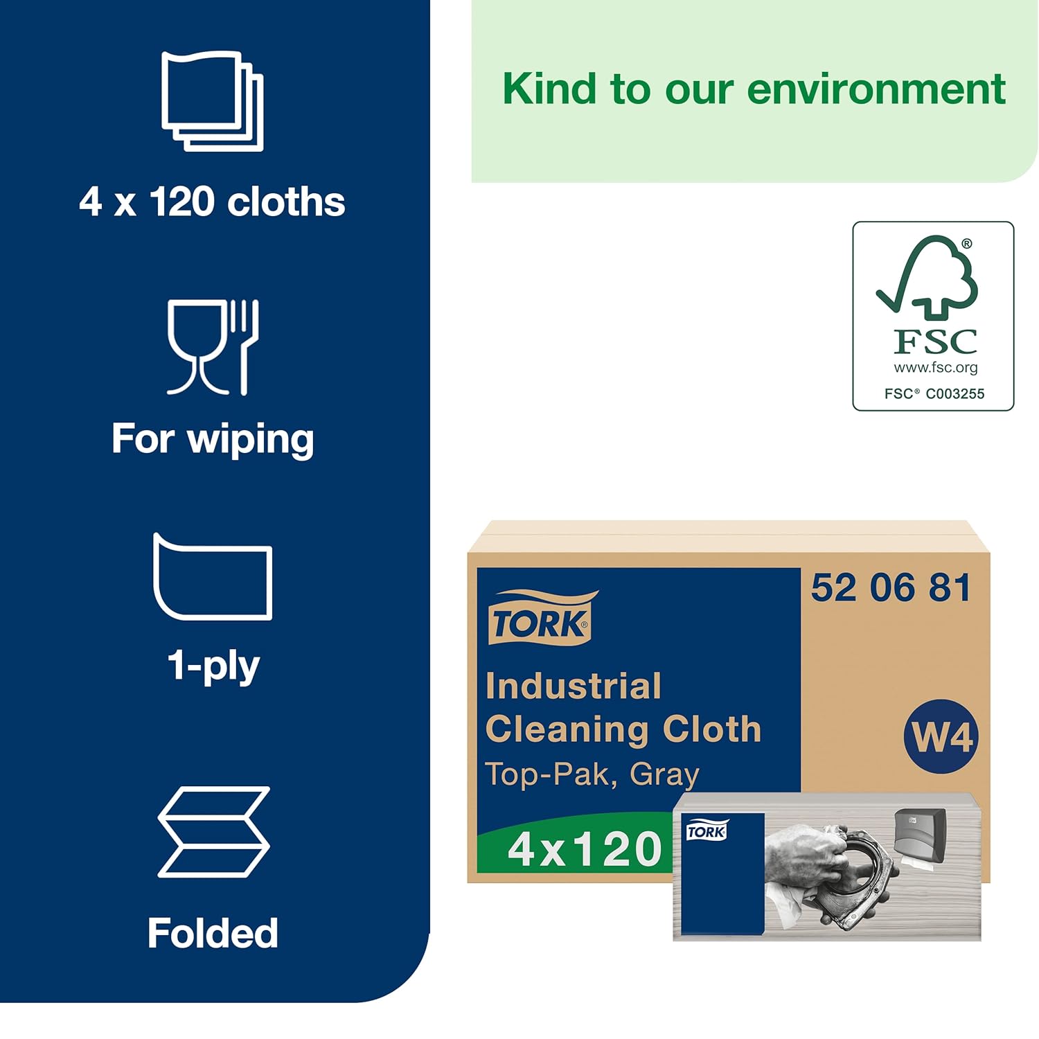 Tork Industrial Cleaning Cloth Gray W4, Flexible and Soft, 4 x 120 Cloths, 520681