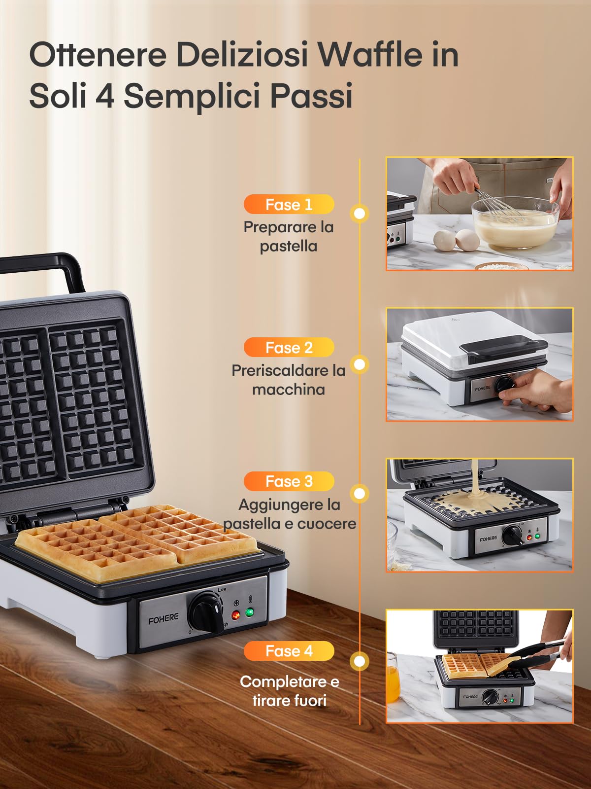 FOHERE Macchina per Waffle Doppia, Temperatura Regolabile, Rivestimento Antiaderente, Piastra Waffle Elettrica, Waffle Maker a 2 Fette, Manico a Tocco Freddo, Piastra per Waffle 1200 W