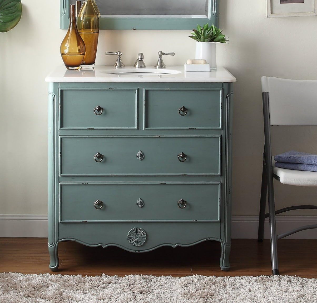 Chans Furniture 34” Cottage Look Daleville Bathroom Sink Vanity - Model HF081Y (Vintage Mint Blue)