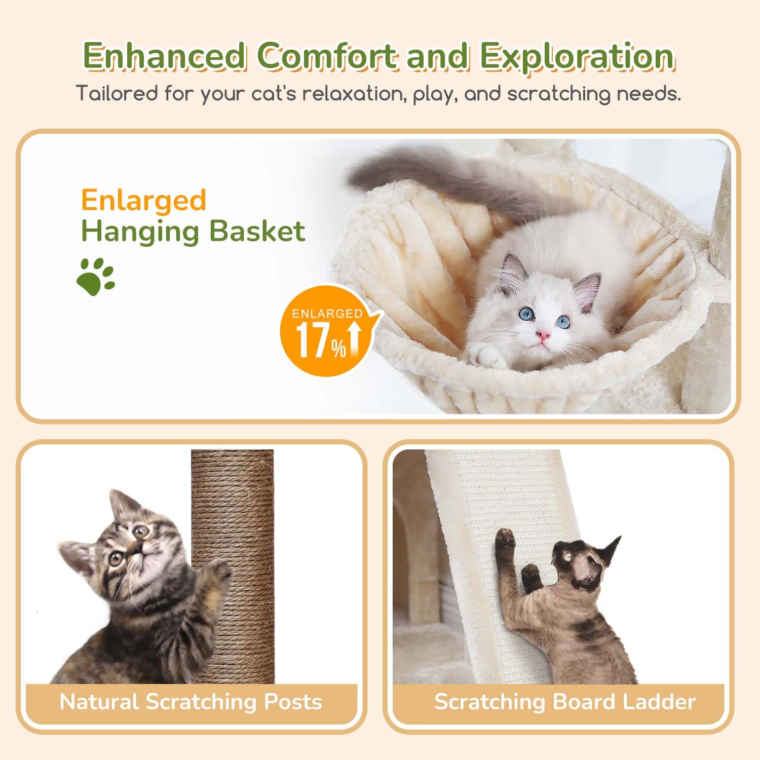 Globlazer Árbol Rascador Beige para 2-4 Gatos con 3 Grandi Nidos 40 * 33 * 35cm, Plataformas, Tabla Rascar Sisal, Cesta, Juguetes, Estable Torre Rascador Alto 133 cm para Gatos Grandes (F52B, Beige)