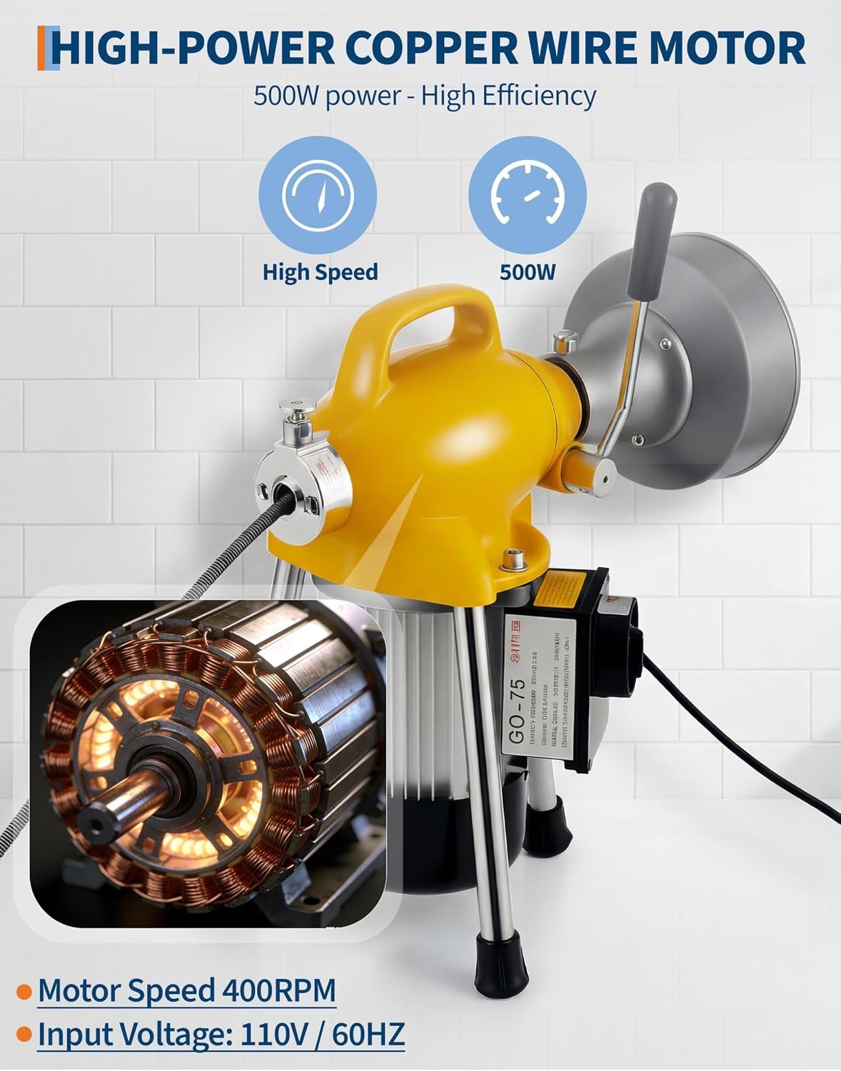 Desatascador eléctrico de 500 W y 400 rpm con alimentación automática, incluye cable de acero de 25 metros y juego de 8 cortadores.