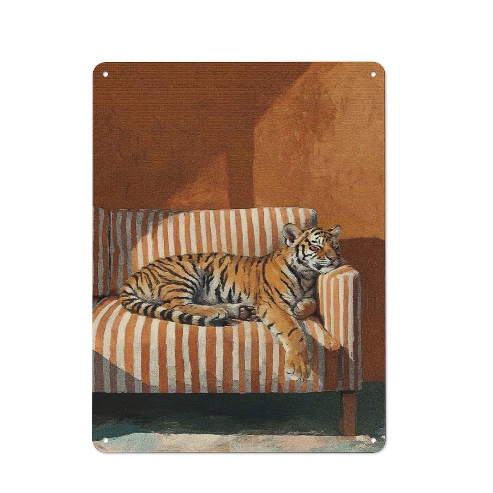 Junmoney Style-10 Metal Wall Sign 40X30cm Featuring Resting Tiger On Striped Couch For Workshop Wall, For Room Styling Across Workshops And Hobby Rooms