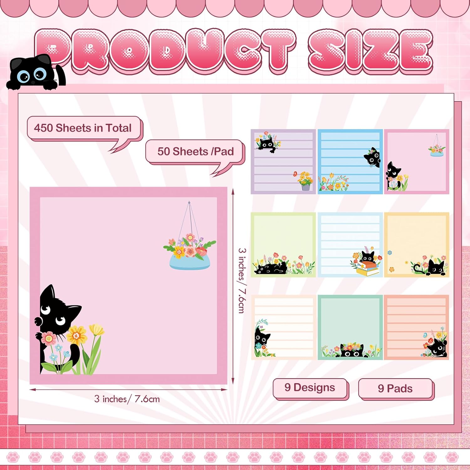 Pajean 9 Pads Cat Sticky Notes Set 450 Sheets Black Cat Stationery Cute Sticky Notes Notepads Funny Flower Plant Writing Memo Pads Animal Lover Gifts for Office School Supplies Desk Accessories Decor image 6 of 7 B0FH4KHBDT