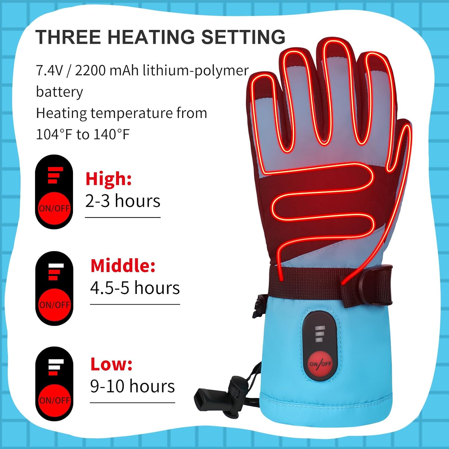 Kids Heated Ski Gloves, 3-Heat Settings, Rechargeable, Water Resistant, Windproof, Ideal for Skiing, Snowball Fights, Cycling