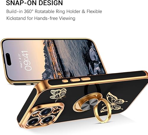 Miniatura 3 de GaoBao Funda para iPhone 15 Pro, iPhone 15 Pro con bonito diseño de mariposa, soporte de anillo de protección galvanizada, funda de teléfono suave