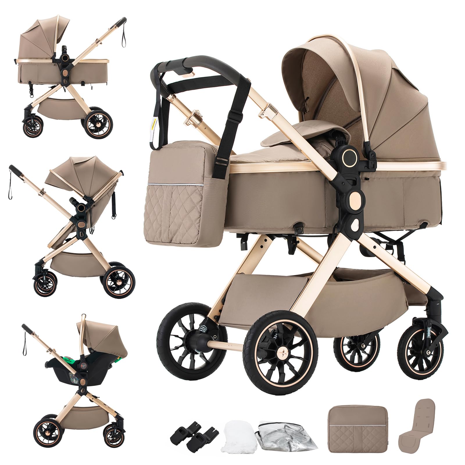 Passeggino trio,Carrellino per Bebè città 22kg con sedili,Passeggino pieghevole con vista alta,Buggy combinato pneumatici in gomma e vagone per bebè in alluminio (U9-X/BROWN, U9-X)