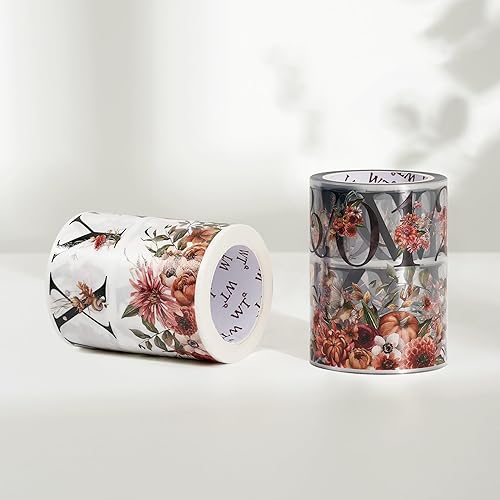 Miniatura 6 de WT Cinta de PET ancha Alphabloom de otoño, rollo individual, diseños originales, decoración floral, letras de números, cinta adhesiva transparente