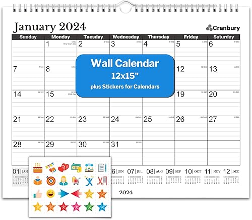 CRANBURY Calendario de pared grande 2024 (negro), 12 x 15 pulgadas, calendario de oficina, uso como calendario colgante 2024 de 12 x 15 pulgadas o