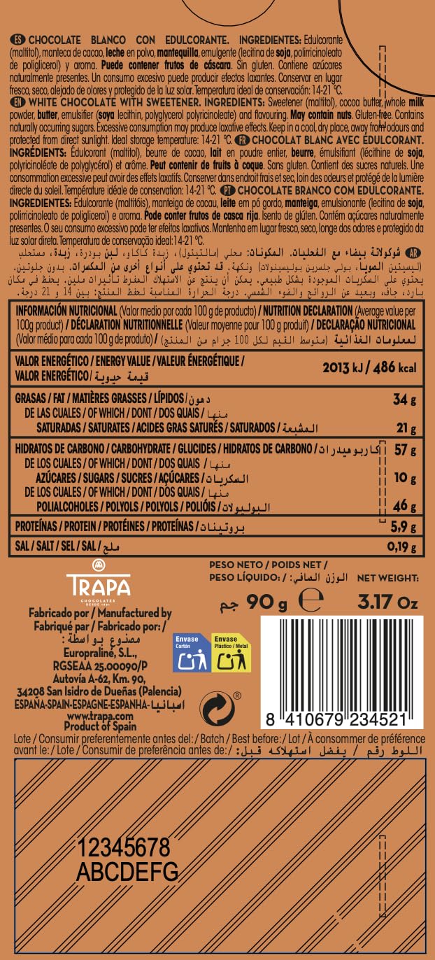 TRAPA 0% AZÚCARES AÑADIDOS | Chocolate Blanco | Tableta 90 g | Sin Gluten