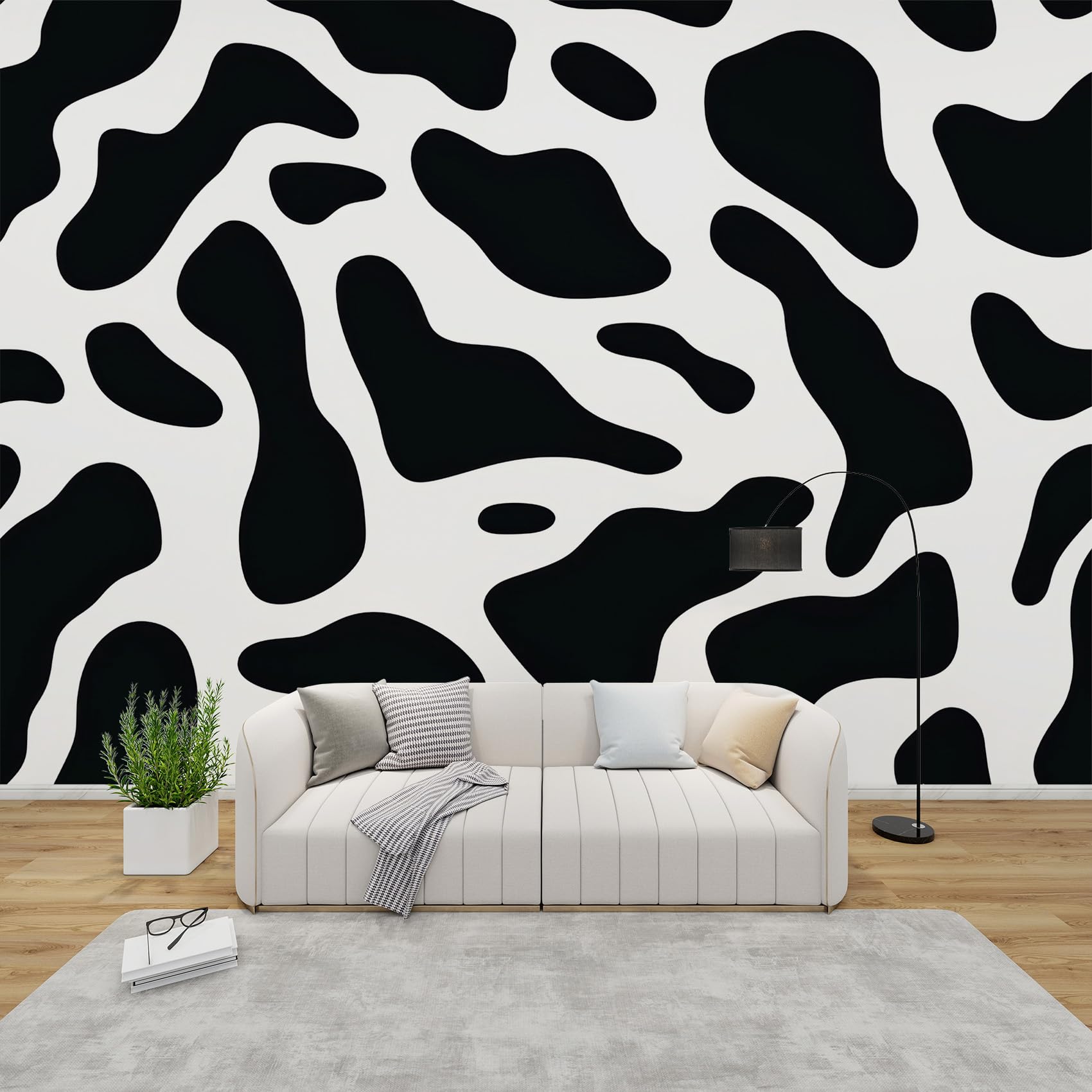 Qeodah White Black Cow Print Mural Wallpaper For Living Room, Cowhide Wall Art For Bedroom, Black And White Wall Murals For Bedrooms, Renter Friendly Removable Waterproof Non-Woven Photo Wallpaper 3D, 400X280 Cm