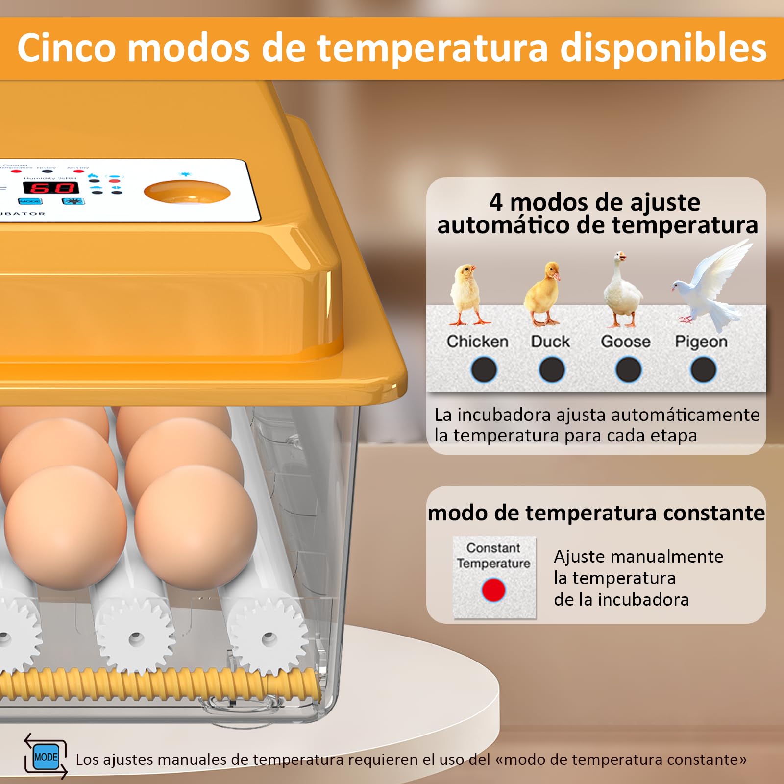 Incubadora Huevos Gallina para 36 huevos, Incubadora de Huevos Automatica con Control Temperatura, 5 Modos de Incubación Automáticos, Pantalla de Humedad, Llenado Automático de Agua y Volteo