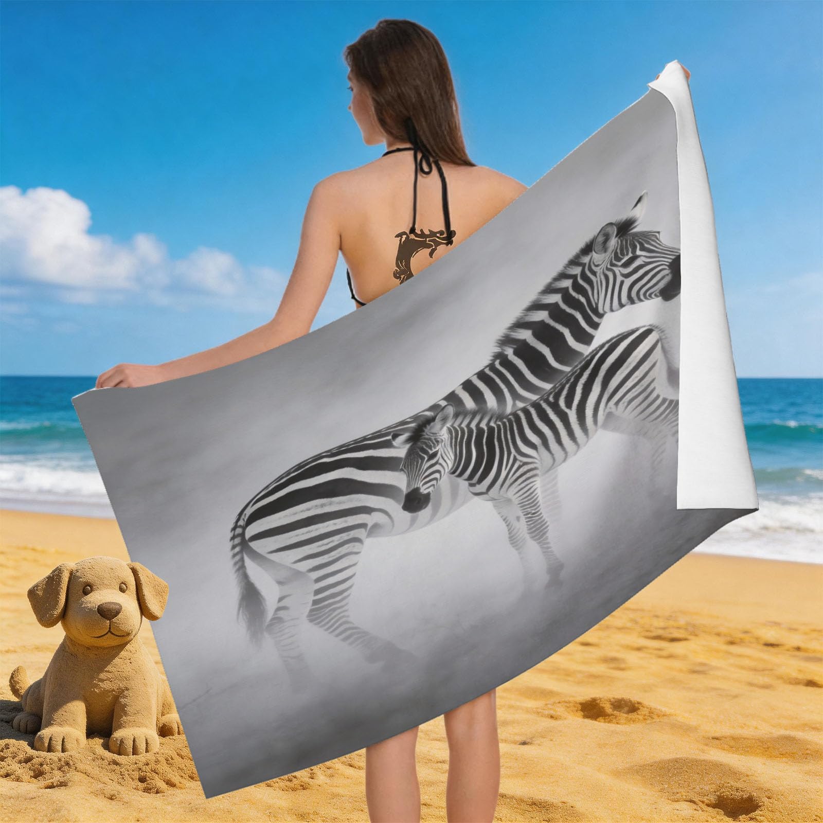 Leichong 3D Zebra Mother and Cub Beach Towel Microfiber Soft Quick Dry for Adults, Dreamy Bath Towel Lightweight Soft Absorbent for Travel Swimming Pool Sports, 75 x 150 cm