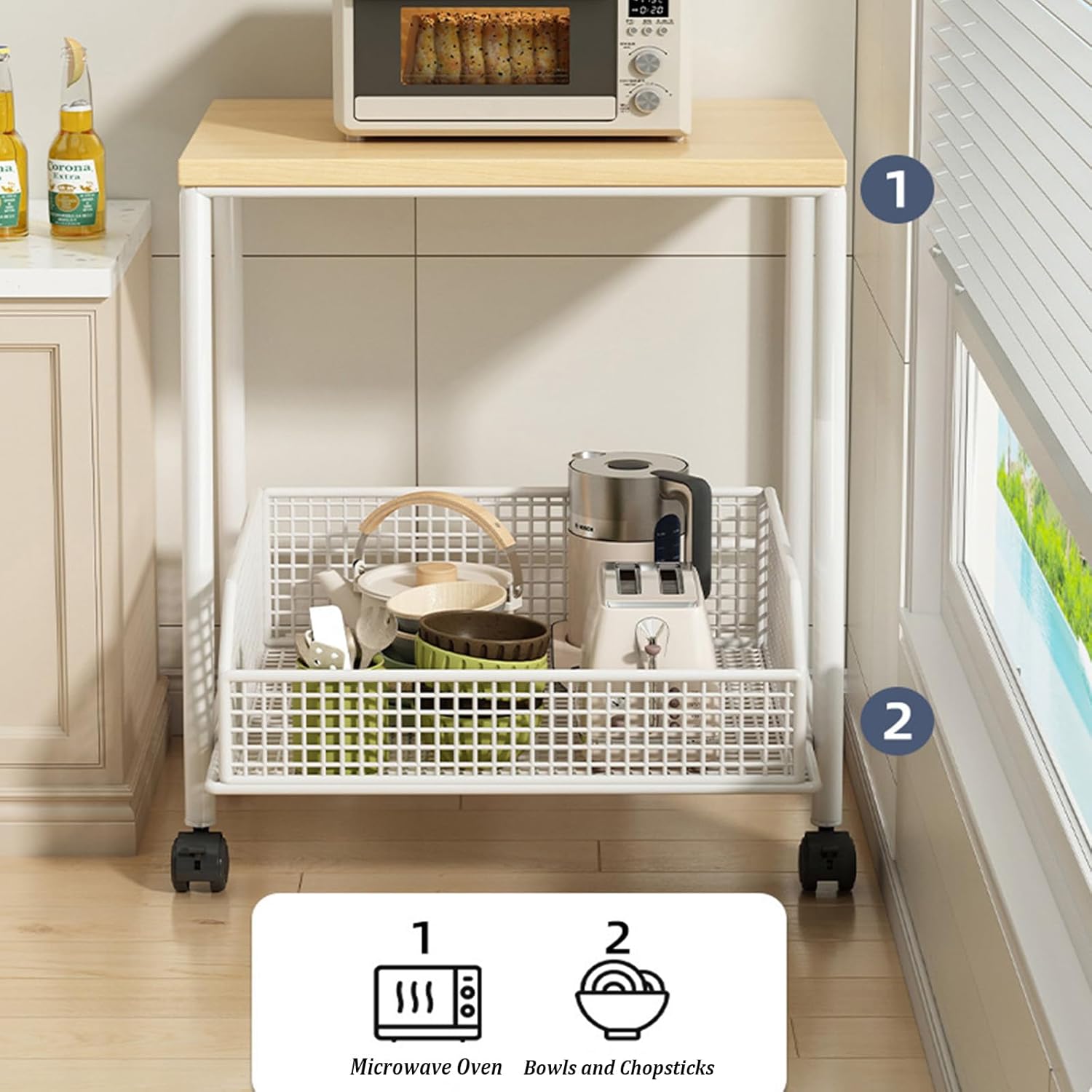 Kitchen Microwave Cart,2-Tier Microwave Stand with Storage Basket and Wheels, Space-Saving Microwave Cart Rolling Shelf for Living Room Bedroom(Small, Black)