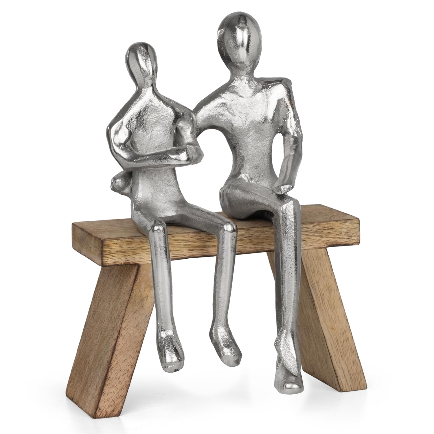 Nowoczesna figurka dekoracyjna para na ławce z aluminium na drewnianej podstawie - rzeźba partnerstwo przyjaźń miłość - abstrakcyjna metalowa figurka srebrna - 17 x 11 x 22,5 cm - 0,76 kg