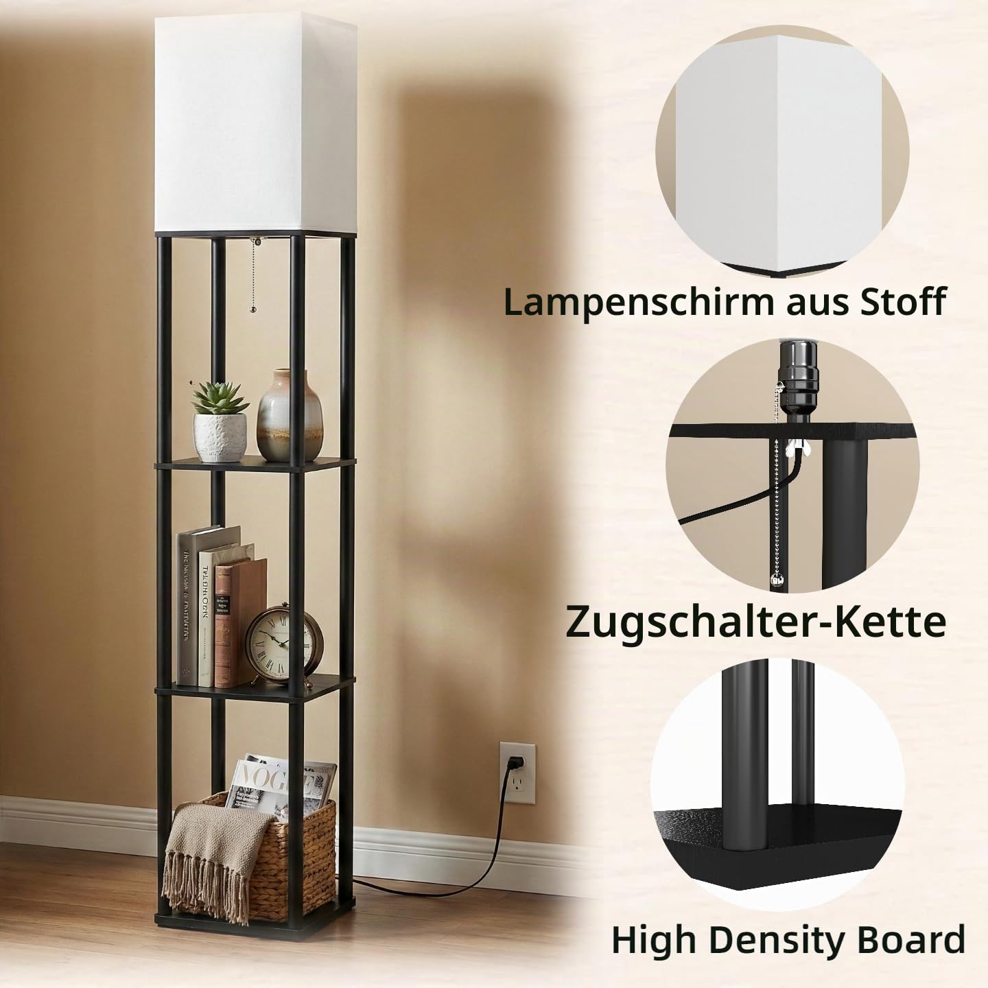 Stehlampe mit Regal aus Holz,2 er set,160 cm hoch Stehleuchte mit E27 Dimmbar 3-Farbtemperatur-LED-Lampe,Standleuchte mit Weiß Lampenschirme,Lampen für Schlafzimmer Wohnzimmer Ecke Flur Büro,Schwarz