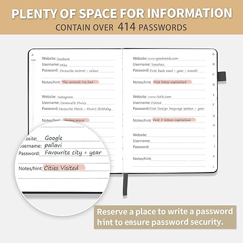 Miniatura 4 de Libro de contraseñas con pestañas alfabéticas, protector de contraseñas de tapa dura, organizador de cuaderno de contraseñas para computadora e