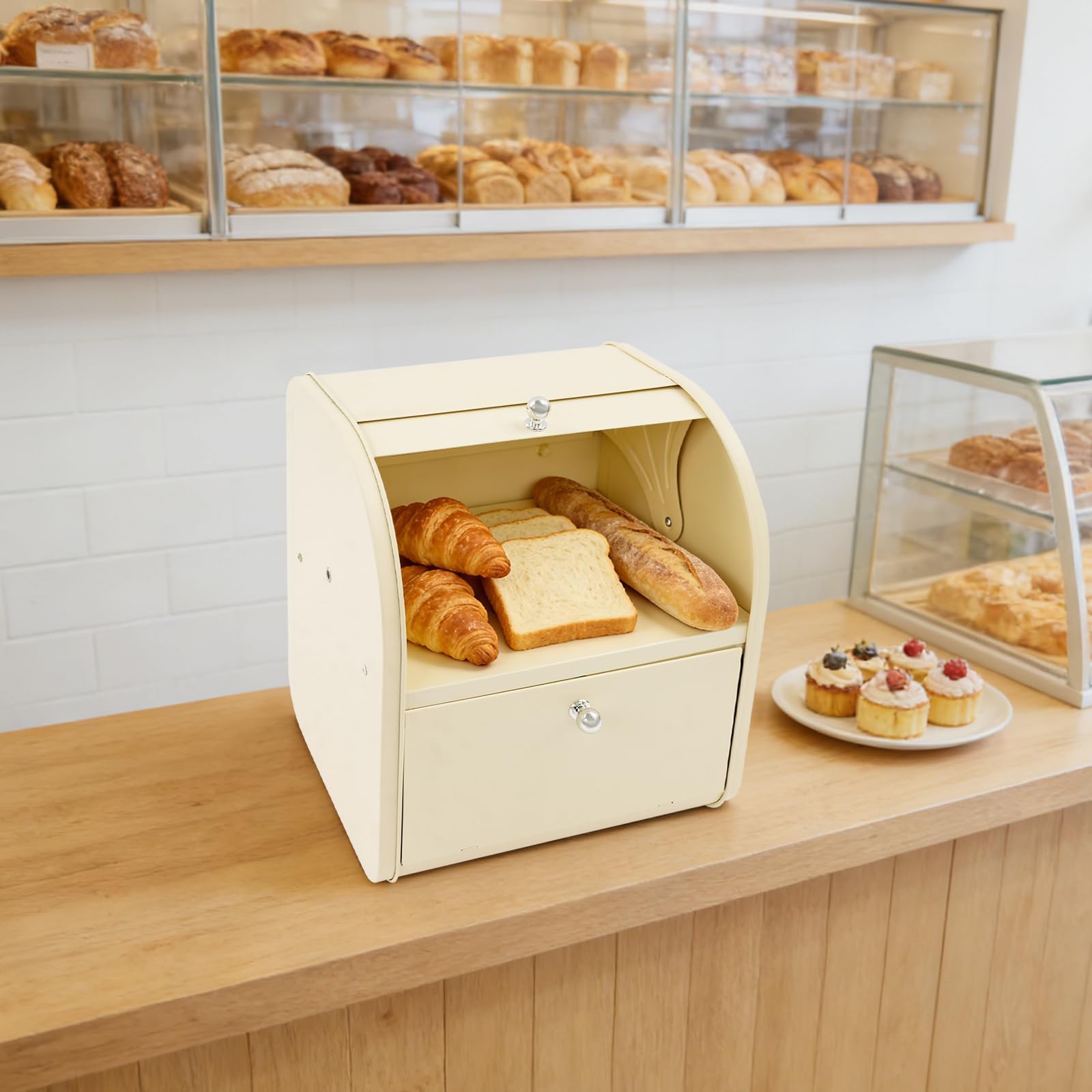 Brotkasten 2 Etagen mit Rolltop Deckel, Metall Brotbox 30x25x33cm (Beige) | Brotbehälter aus Kohlenstoffstahl, 2 Fächer mit Separatem Zugang, Luftdurchlässige Seitenlöcher