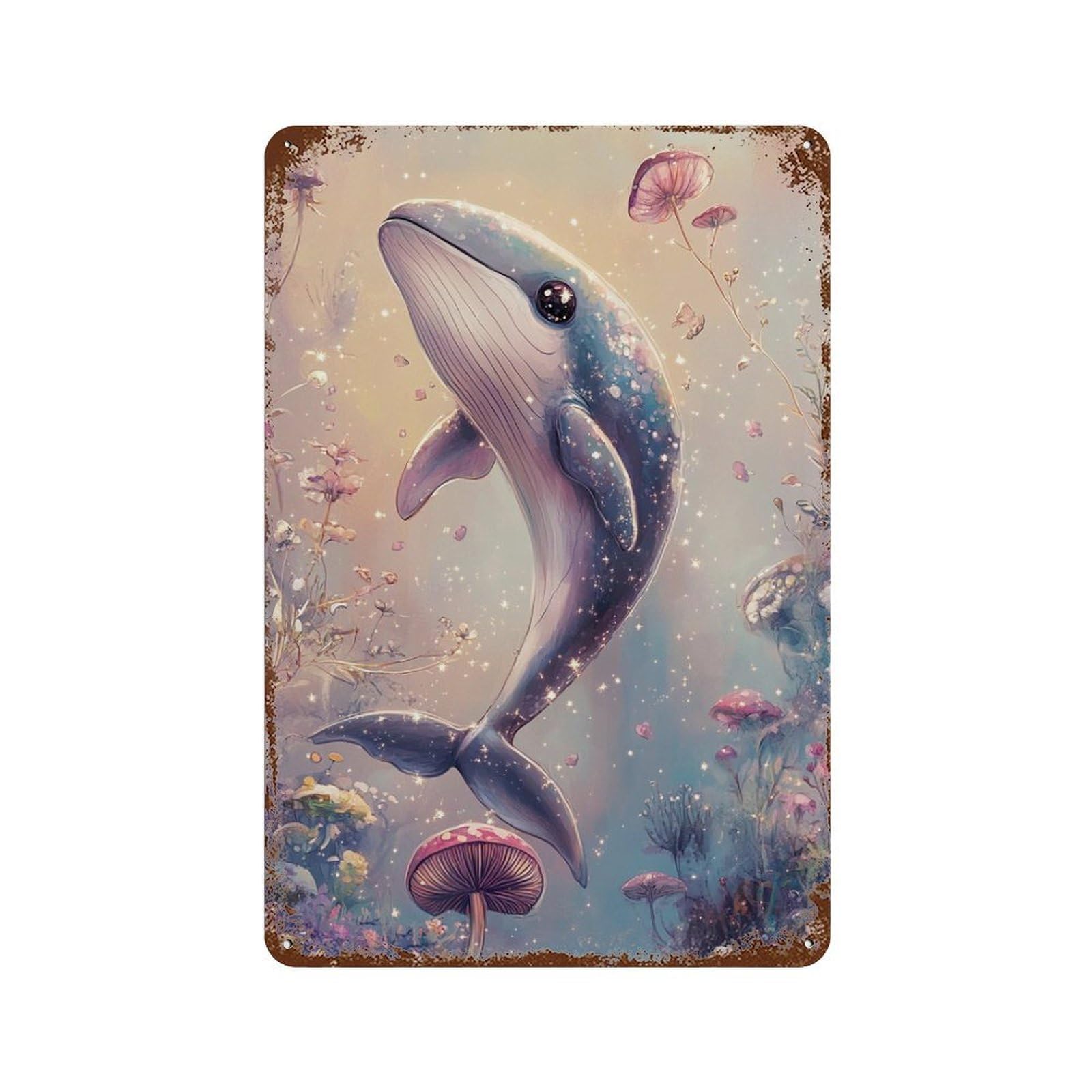 Whale in Fantasy Mushroom Garden-1 Weathered Tin Sign 11.8"x7.9", Rustic Home Decor for Garage, Bar And Workshop Decor