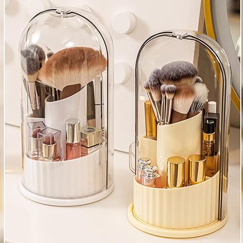 Miniatura 3 de Chemlliy Organizador de brochas de maquillaje con tapa transparente, soporte giratorio de 360 para brochas de maquillaje a prueba de polvo para