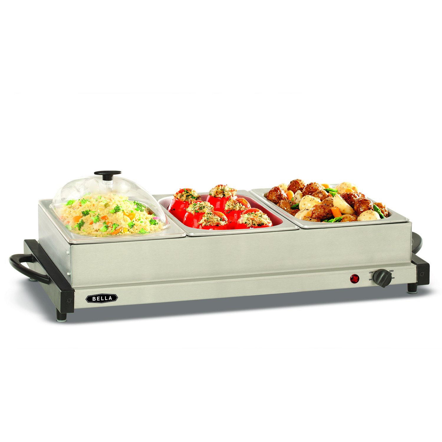 BELLA Triple Buffet Server with food and clear lids