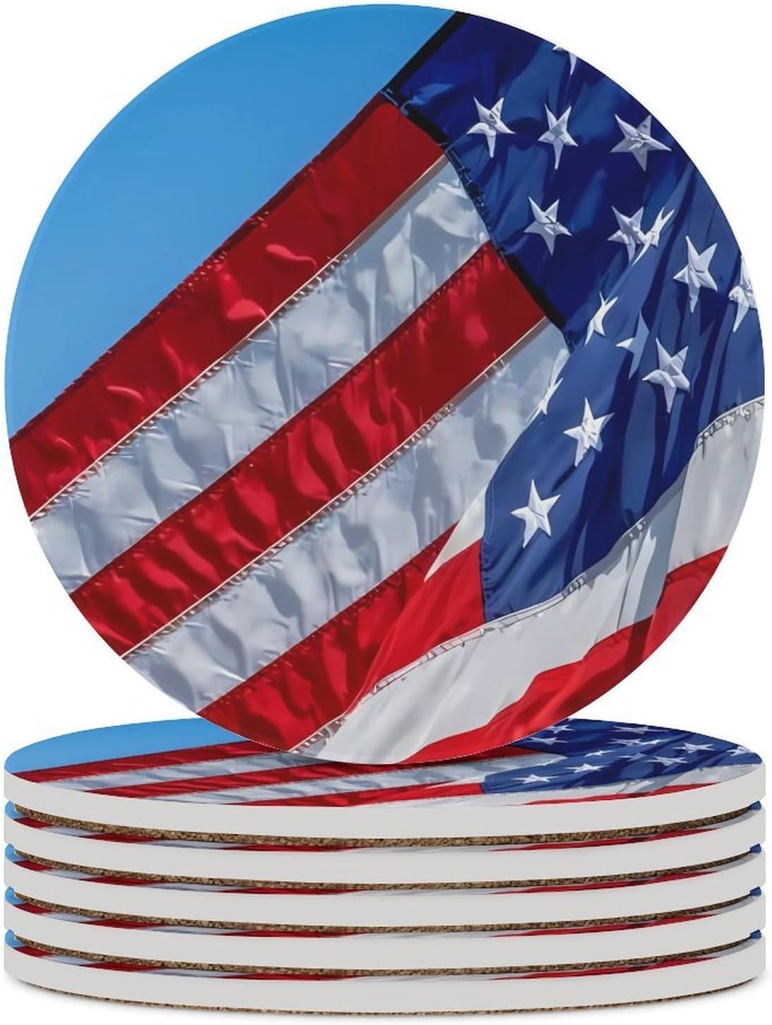 U.S. Flag Funny Round Ceramic Coasters for Drink Absorbent Cup Holders Tabletop Protection
