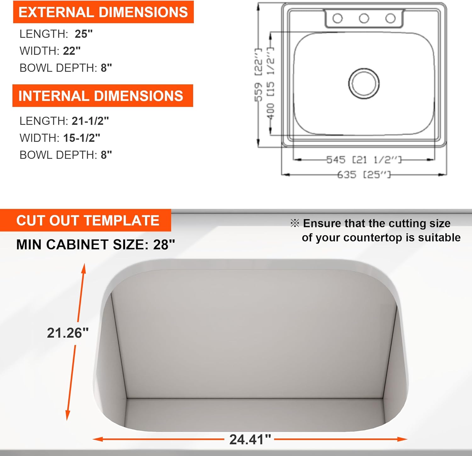 25x22 Drop In Kitchen Sink 25 Inch Topmount 18 Gauge 304 Stainless Steel Curved Single Bowl Three Holes Sinks with Strainer 25" x 22" x 8"