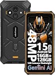 Téléphone Canada, Ulefone RugKing 3 Pro Smartphone non verrouillé, Octa-core 16+128GB/2TB TF, Android 15, 6.56” 120Hz, 48MP+2MP+8MP Cam., 5700mAh, Water-Lock, charge à quai, Al Assistant (Gemini) - Orange