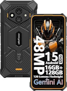 Rugged Phone Canada, Ulefone RugKing 3 Pro Unlocked Smartphone, Octa-core 16+128GB/2TB TF, Android 15, 6.56” 120Hz, 48MP+2MP+8MP Cam., 5700mAh, Water-Lock, Dock Charging, Al Assistant(Gemini) - Orange