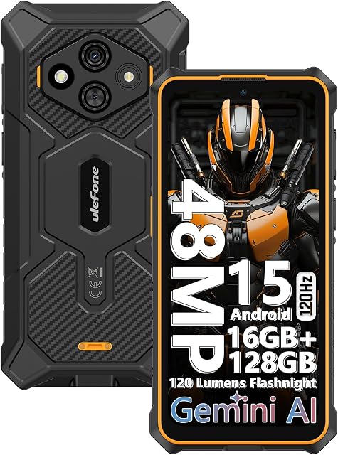 Téléphone Canada, Ulefone RugKing 3 Pro Smartphone non verrouillé, Octa-core 16+128GB/2TB TF, Android 15, 6.56” 120Hz, 48MP+2MP+8MP Cam., 5700mAh, Water-Lock, charge à quai, Al Assistant (Gemini) - Orange