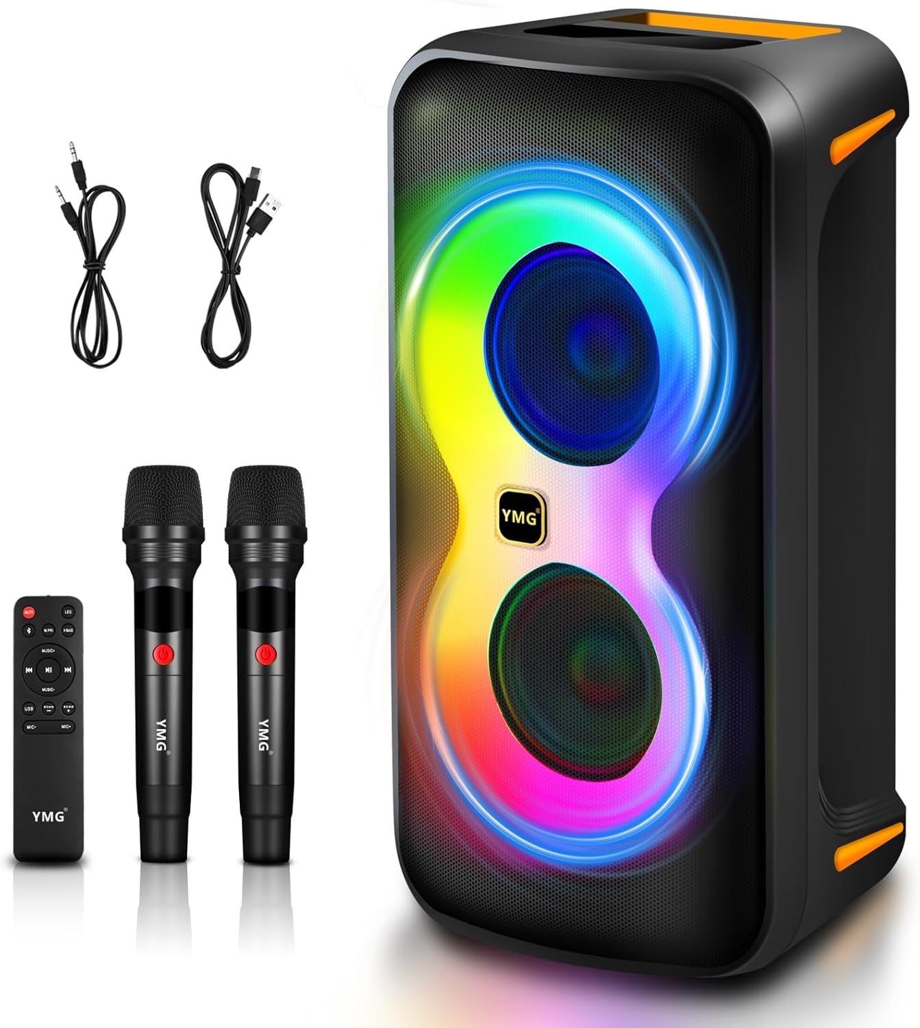 YMG Karaoke Machine for Adults Portable Blue Tooth Party Speaker with 2 Wireless Microphones, 300W Peak PA System Deep Bass Fast Charging with Echo Adjustment for Outdoor Home Party Gift