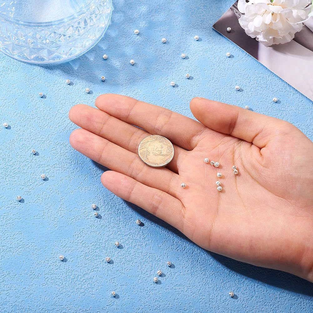 FASHEWELRY 50 Pcs 925 Sterling Silver Round Corrugated Beads Bulk 3 mm Round Ball Beads Loose Spacer Beads for Bracelet Necklace Earring DIY Crafts Jewelry Making