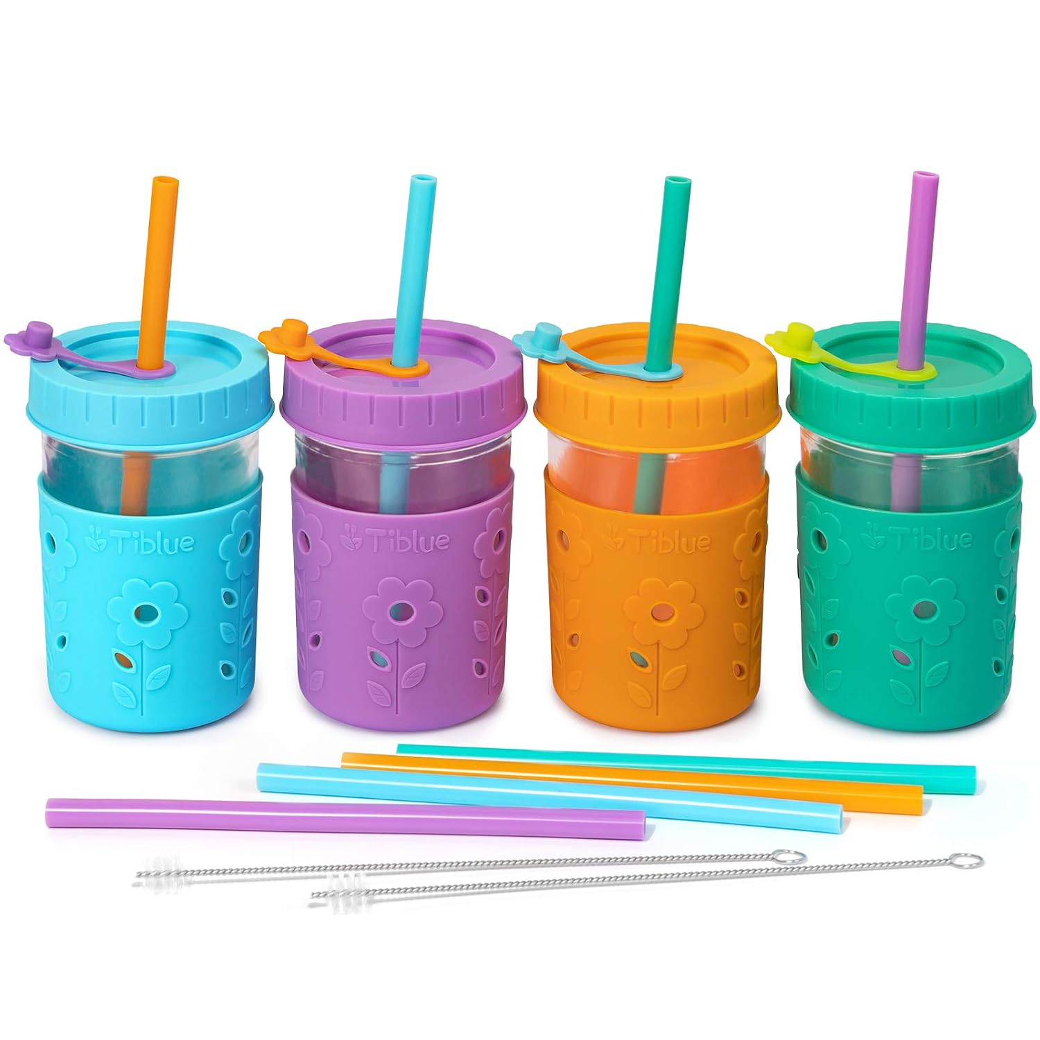 4 Pack Kids & Toddler Cups - 8 OZ Glass Mason Jars Spill Proof Smoothie Snack Cups with Leak Proof Regular Lids & Silicone Straws, Sleeves, Stoppers - BPA FREE Baby Cup Kid Tumbler for Drinking