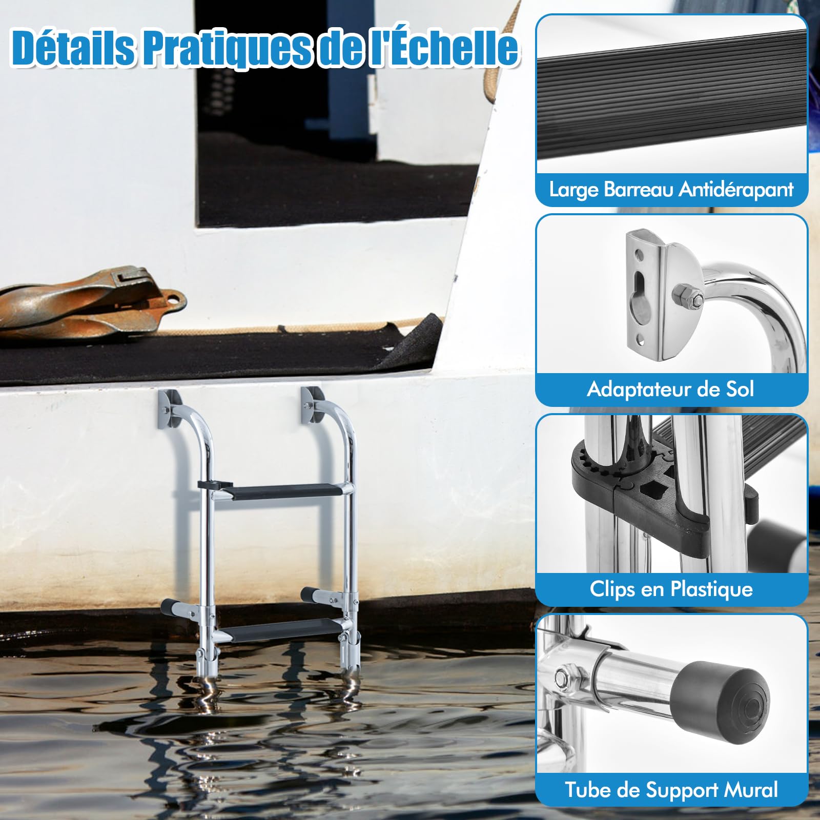 RELAX4LIFE Échelle de Piscine INOX Pliante 4 Marches, Capacité 225 KG pour Piscine Bateau