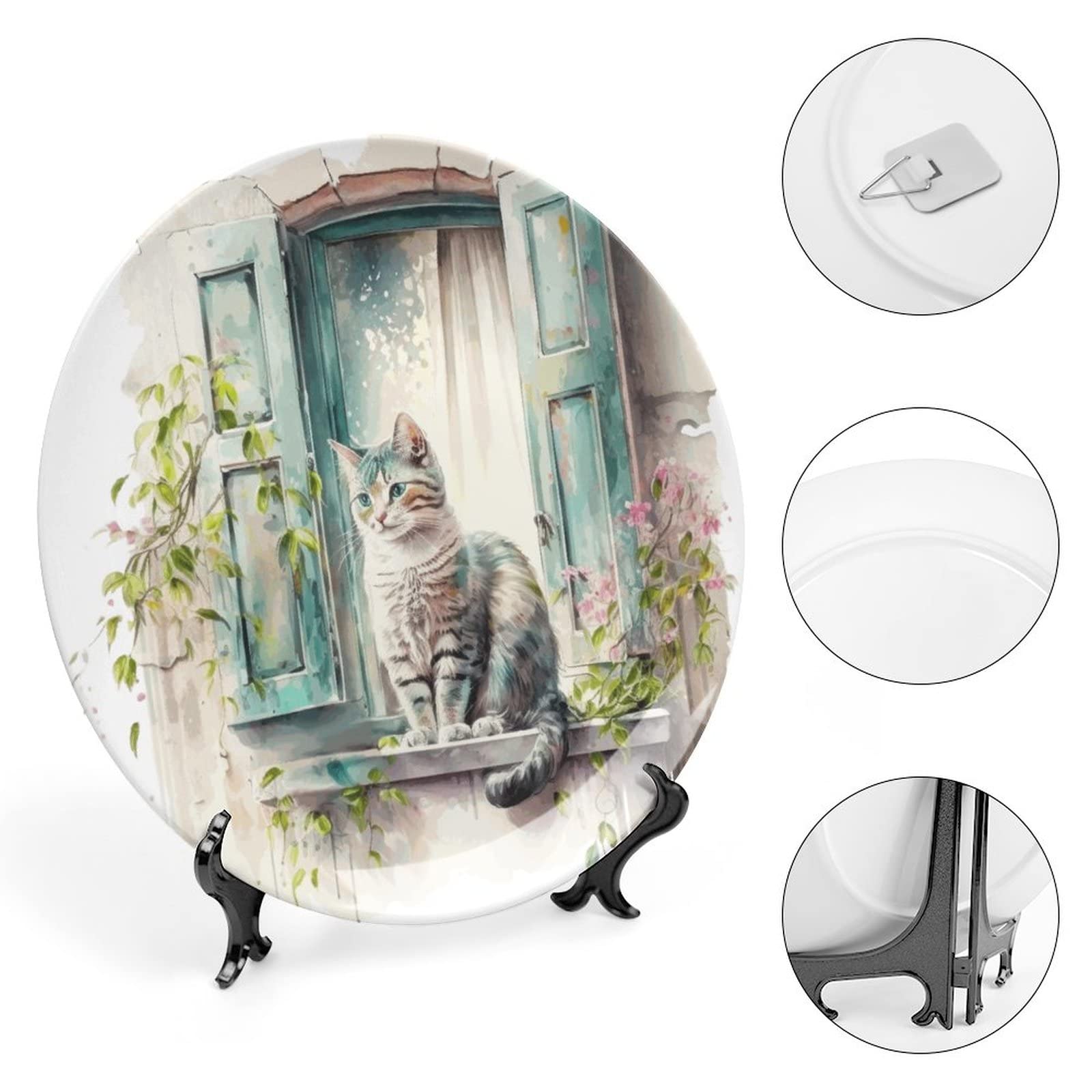 Ceramiczny płytek dekoracyjny z kotem na oknie 15 cm