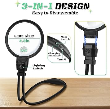 NZQXJXZ 10X Hands Free Magnifying Glass with Light, Adjustable Magnifying Glass for Reading Close Work, Flexible Gooseneck HD Large Magnifier for Books,Sewing Seniors (3 Lighting Modes)