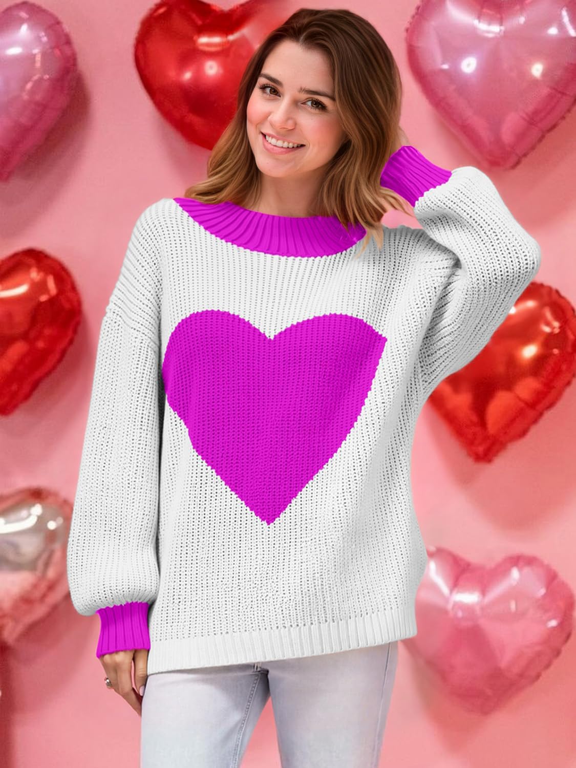 Oversized Valentine Heart Sweater for Women Boyfriend Style Long Sleeve Crewneck Sweaters Women Casual Tops - Image 2