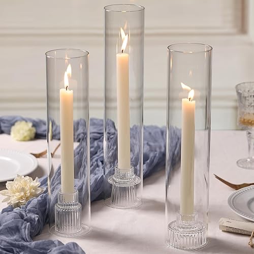 Miniatura 6 de Juego de 3 portavelas de vidrio de huracán para velas cónicas, portavelas con tubos de vidrio resistentes al viento (11.8 pulgadas12.6 pulgadas13.8