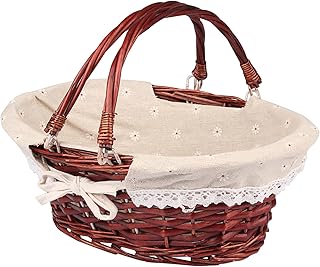 Large Wicker Basket with Handle, 14.2 x 11 x 6.7 inch Wicker Picnic Basket with Liner, Empty Gift Basket, Oval Willow Woven Basket for Fruit, Candy, Wine, Gathering, Wedding, Picnic, by GNIEMCKIN.