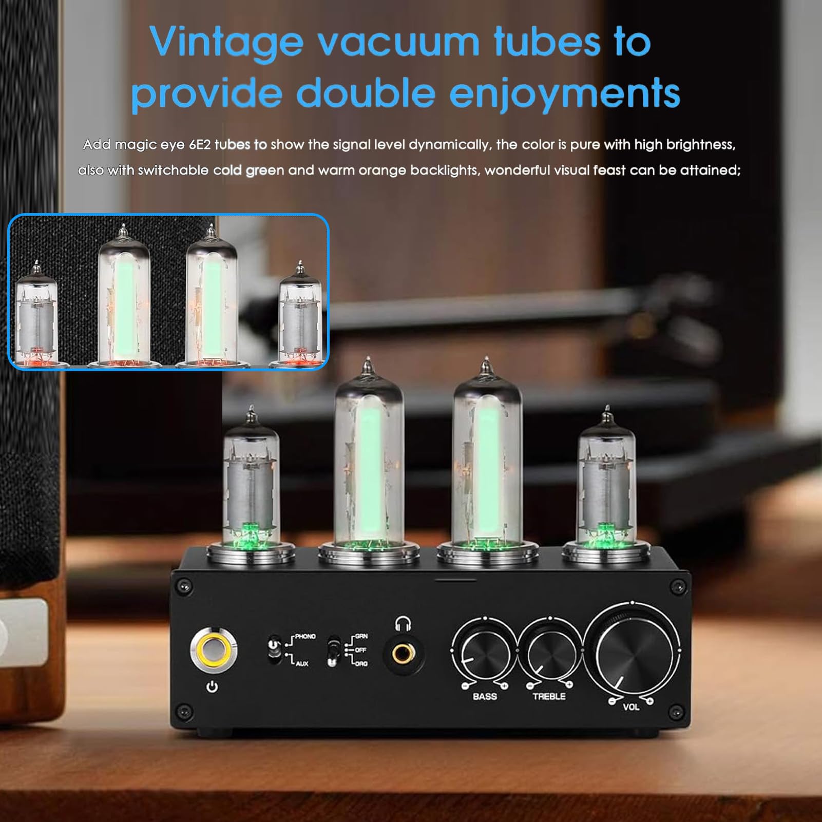AUNMAS Preamplificatore Fono Valvolare Elettronico, Preamplificatore Audio Stereo HiFi con Jack per Cuffie da 3,5 MM e Controllo dei Bassi Acuti, per Giradischi MM MC (Spina UE 100-240 V)