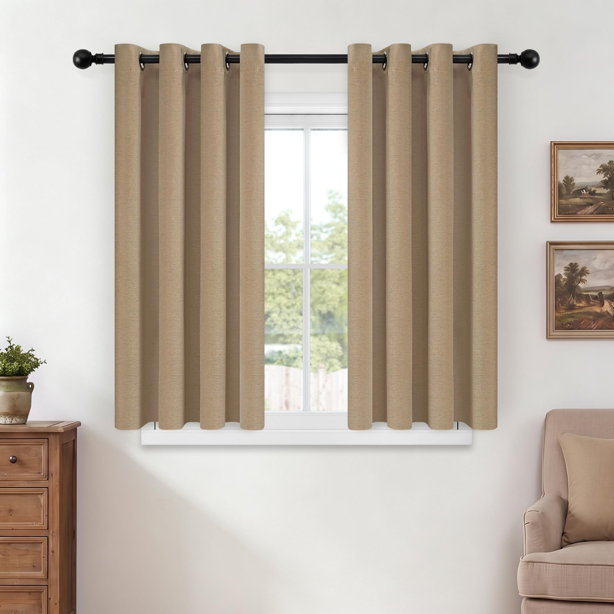 100% Blackout Curtains for Bedroom Living Room 54 Inch Drop 2 Panels Eyelet Thermal Insulated Curtains Soundproof Privacy Protect Taupe Double-sided Linen Curtains Durable Soft 2 Panels 52"W x 54"L — image 1