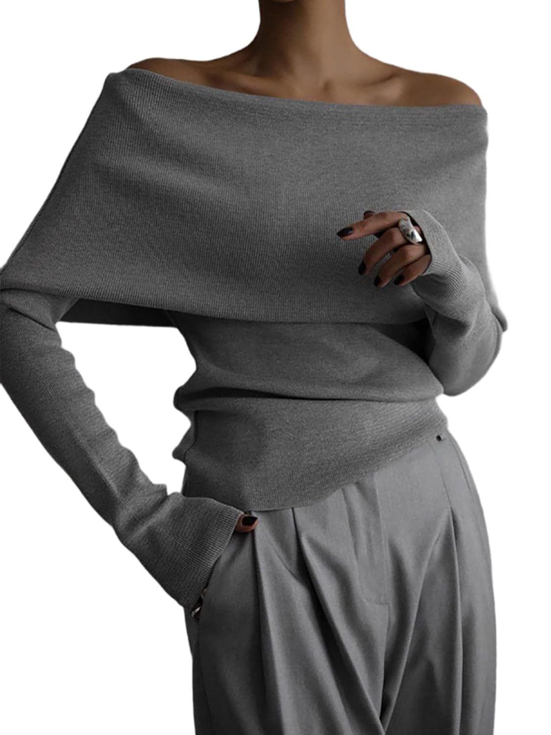 Womens Off Shoulder Jumpers Y2K Knitted Long Sleeve Cropped Sweater 2025 Fall Winter Slim Fit Trendy Pullover Top