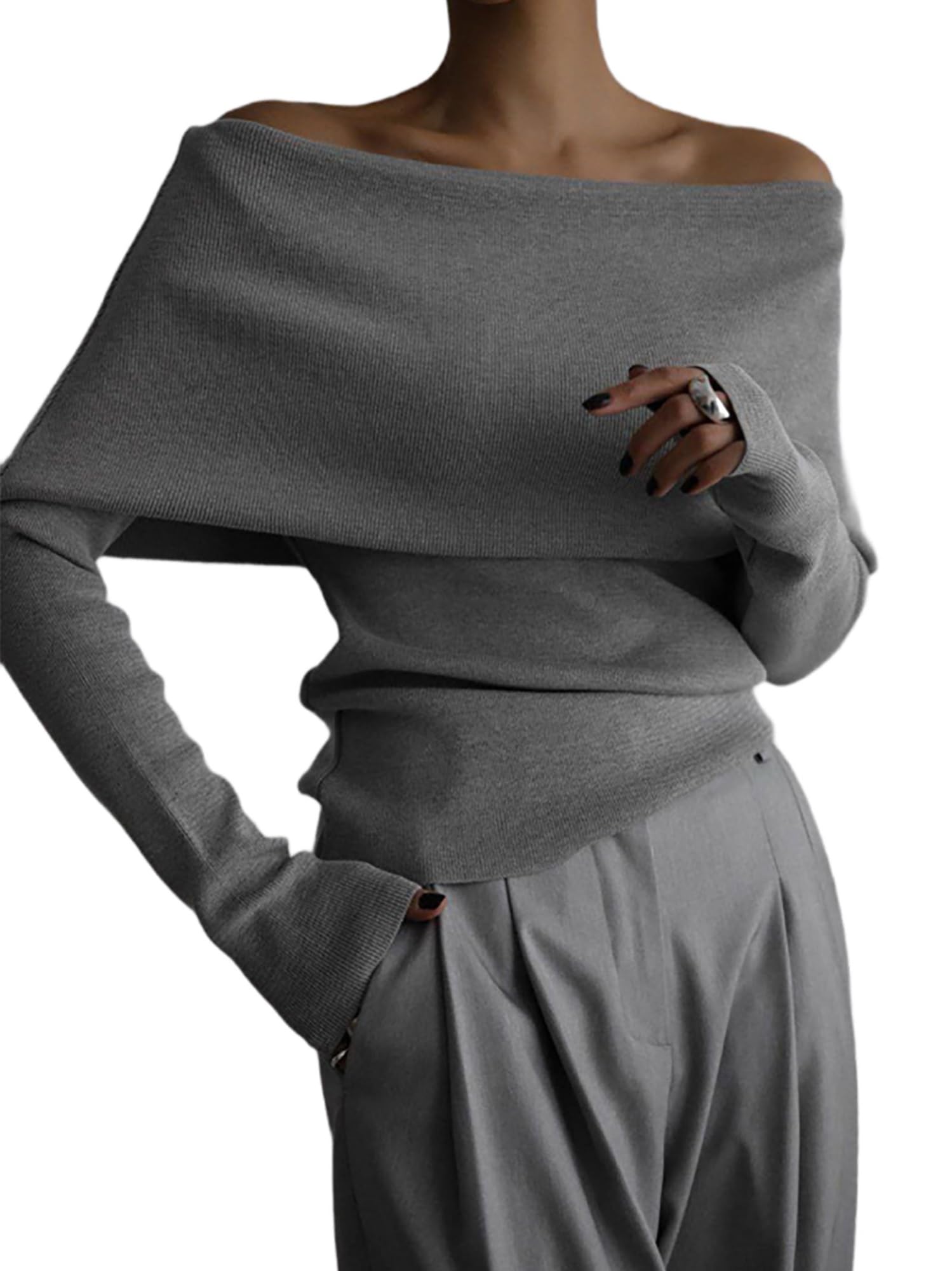 Womens Off Shoulder Jumpers Y2K Knitted Long Sleeve Cropped Sweater 2025 Fall Winter Slim Fit Trendy Pullover Top