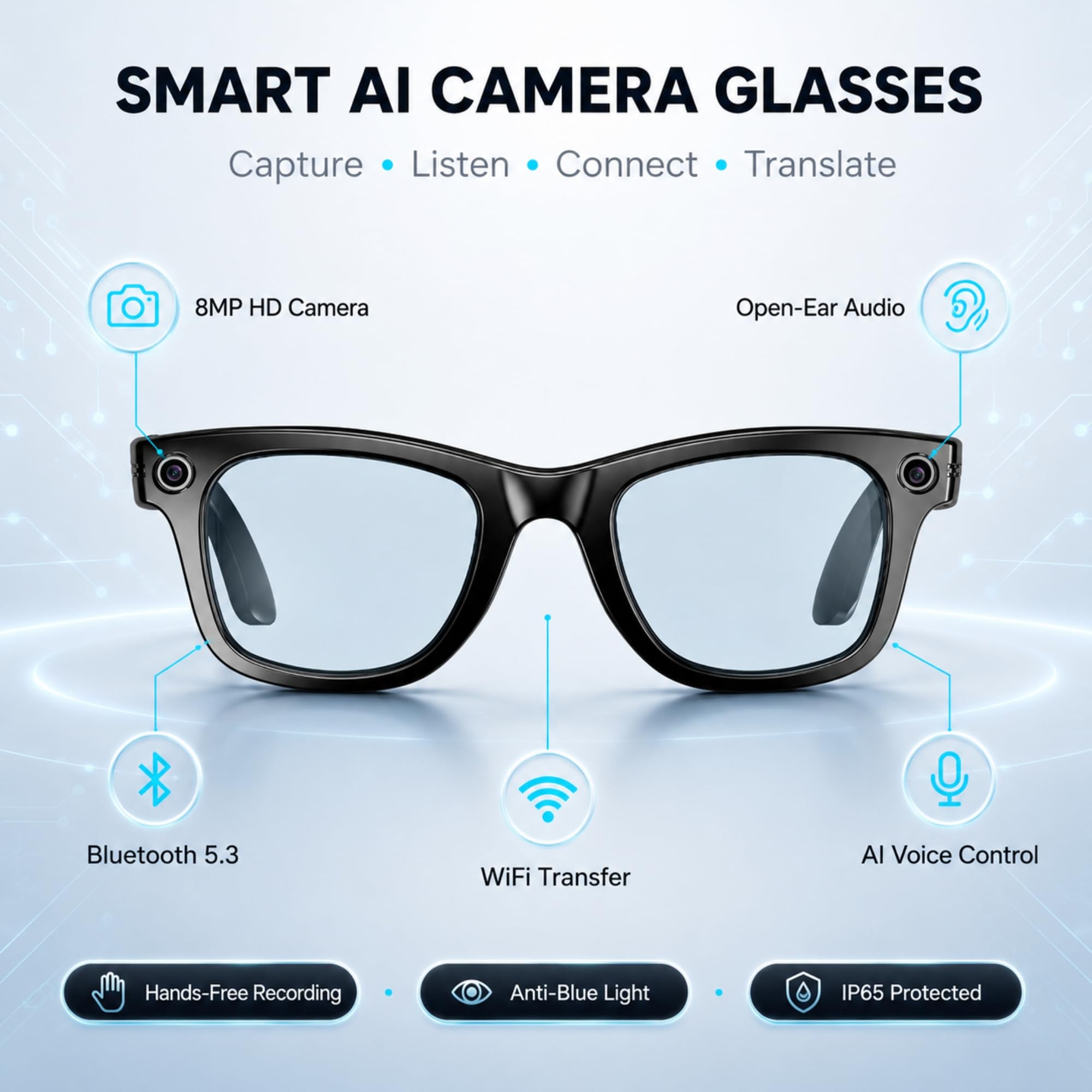 W-Direct Smart AI Camera Occhiali con 8MP HD Video (Anti Luce Blu) - Bluetooth 5.3 Open Ear Audio & Trasferimento WiFi - Occhiali da sole intelligenti indossabili mani libere