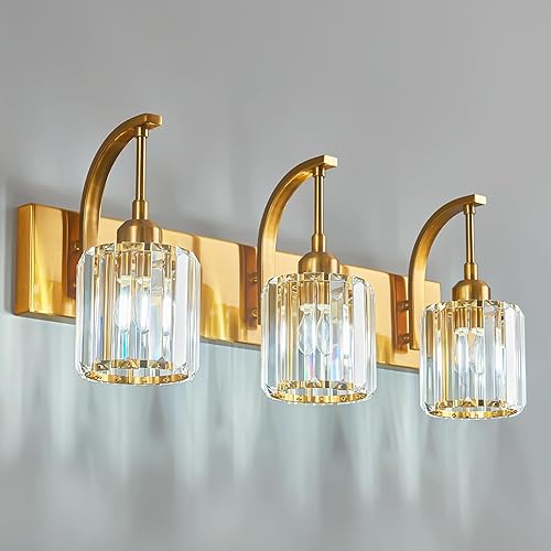 Miniatura 11 de Luces de tocador de cristal cromadas de 4 luces, modernas lámparas de baño de cristal sobre espejo de 32.67 pulgadas de largo para baño Cromo