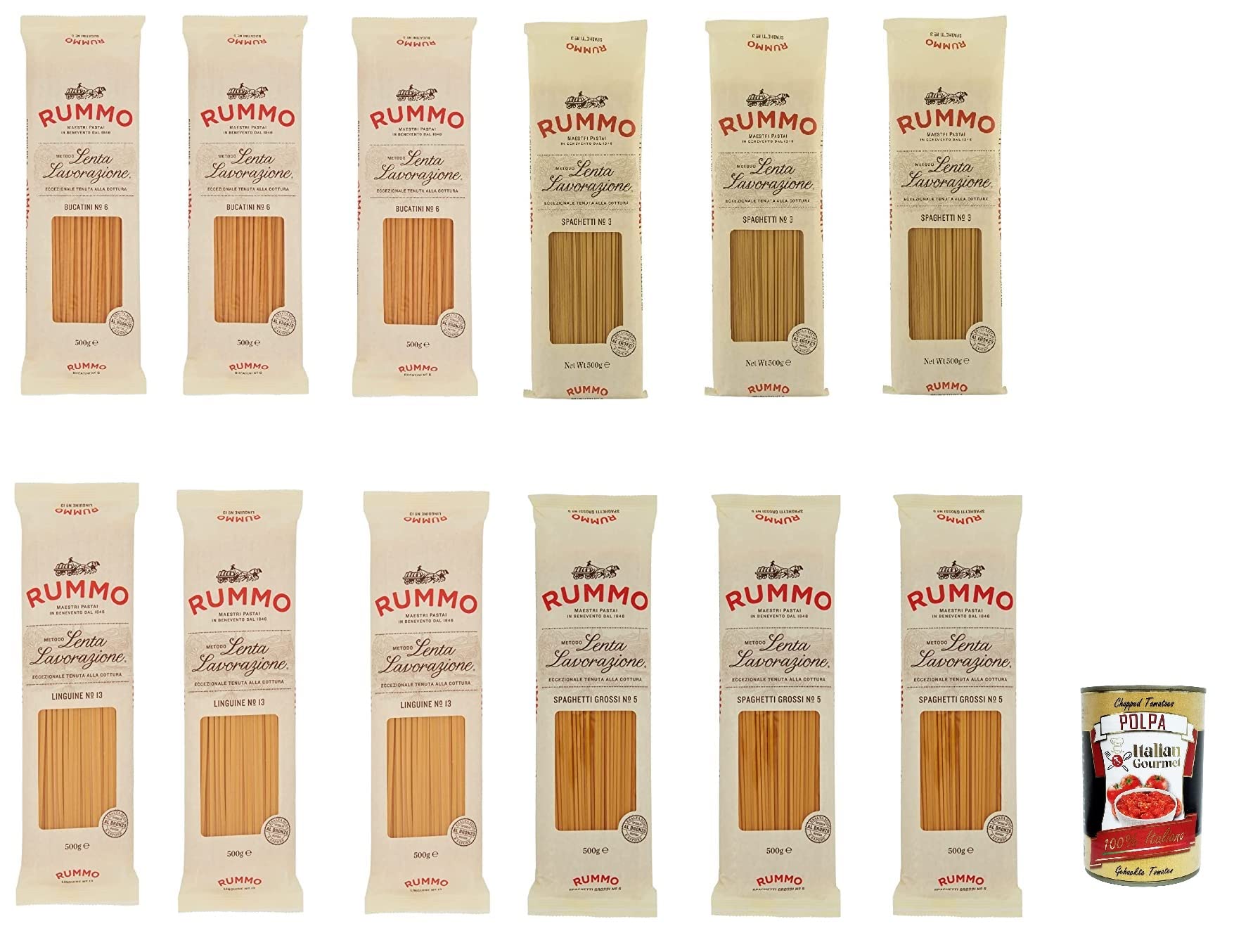 Testpaket Bucatini Spaghetti Linguine Hartweizengrieß Pasta Italienische Nudeln 12x 500g Packung + Italian Gourmet Polpa di Pomodoro 400g Dose