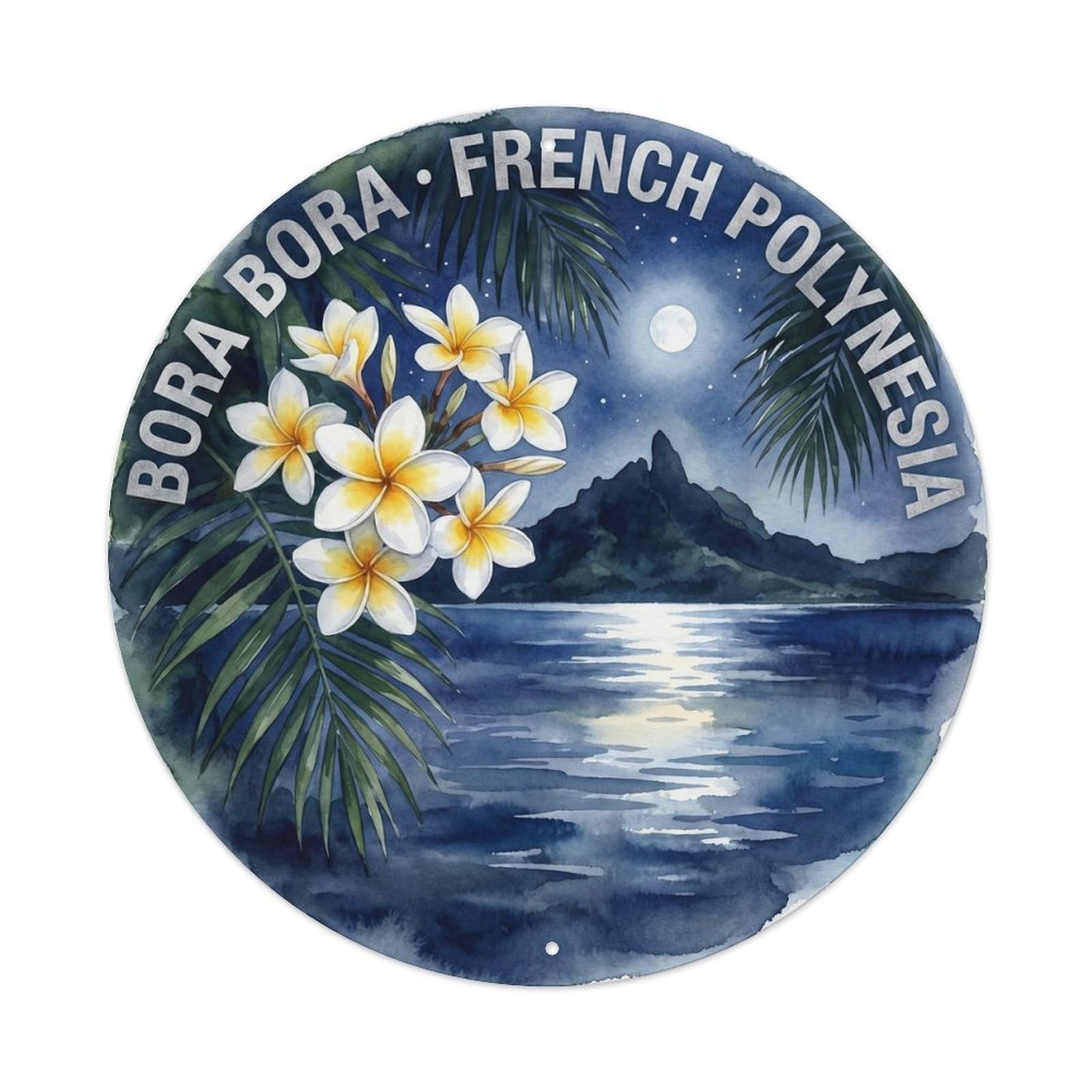 Olyhtr 8X8inch Classic Style Borabora Frangipani Moonlight Watercolor Island Metal Tin Sign