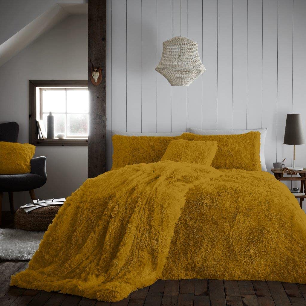 Gaveno Cavailia Teddy Fleece Hug Snug Duvet Set King Ochre, Super Soft Fluffy Cosy Warm Bedding, 3 Piece Bedset, Easy Care DuvetCover Bedlinen, 1 Quilt Cover and 2 Pillow Cases — image 1